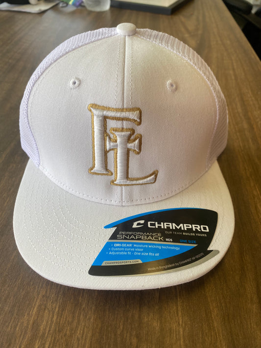 UFTL Limited Edition Performance Trucker Snapback Hat White With Vegas Gold Outline FTL